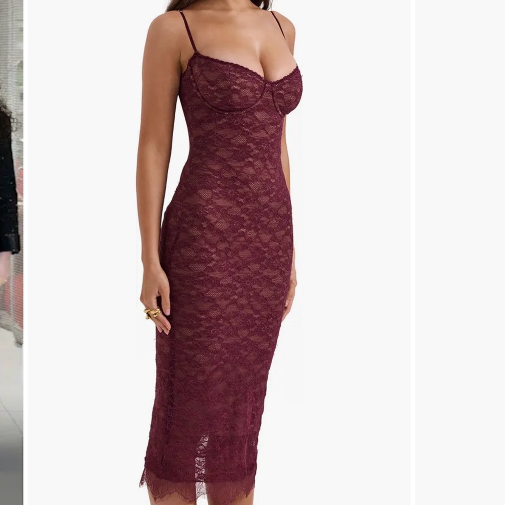 House of cb Melinda Burgundy Lace Midi Dress
